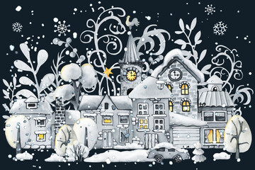 Winter town, Christmas snow houses and trees. Landscape scene creator. Hand drawn watercolor illustration isolated on white background