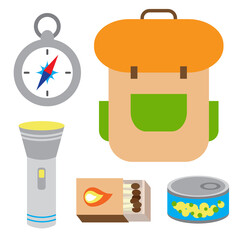 Set of touristic and camping equipment. Compass, backpack, flashlight, matches box and canned food. Things for active vacations. Luggage icons for travel, journey and hike. 