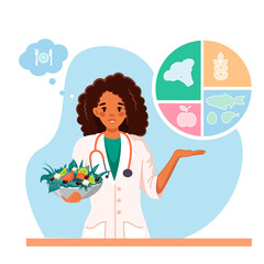 A female nutritionist with a plate of salad in her hands conducts a nutrition seminar