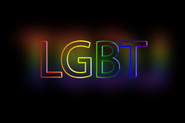 English letters in the form of a 3D image in the glow of the colors of the rainbow on a black background