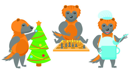 Set Abstract Collection Flat Cartoon 
Different Animal Wolverines Decorates The Christmas, Cook With A Saucepan And A Ladle, Plays Chess Vector Design Style Elements Fauna Wildlife