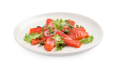 Salmon carpaccio with capers, lettuce, microgreens and onion isolated on white