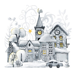 Winter town, Christmas snow houses and trees. Landscape scene creator. Hand drawn watercolor illustration isolated on white background