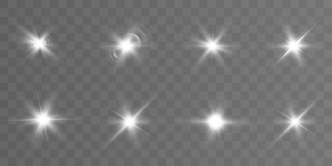 Realistic collection of bright light effects, sparkling stars on a transparent background. Vector