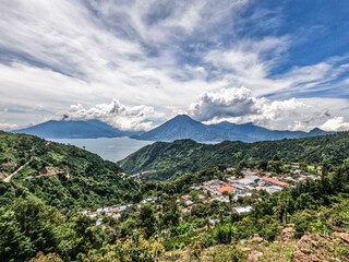 Fototapeta na wymiar The stunning view above the magnificent Lake Atitlan in the Guatemalan highlands, Solola, Guatemala