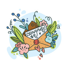 An envelope with congratulations. Vector illustration in flat style isolated on white background for greeting card with bright flowers and leaves.