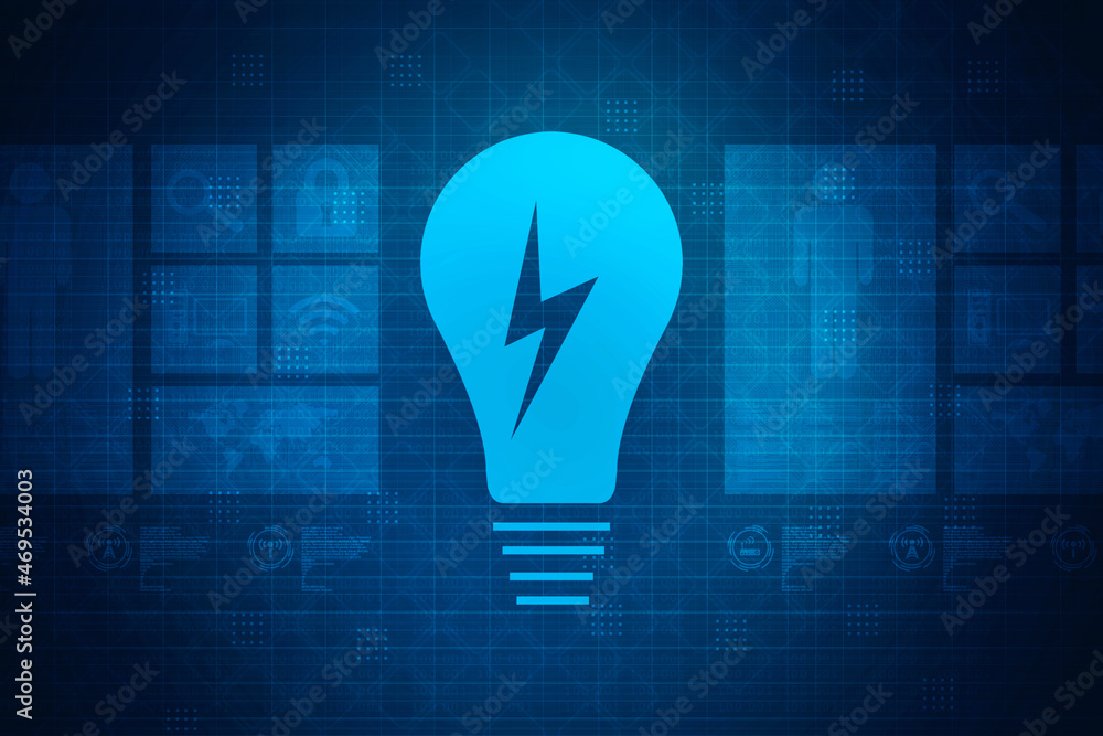 Poster 2d rendering led light bulb with power sign