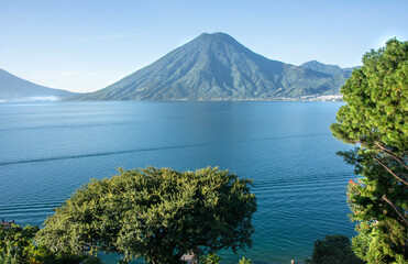 View of San Pedro volcano and Lake Atitlan, Solola, Guatemala