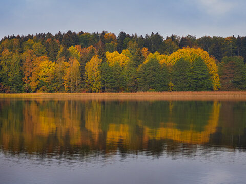 Autumn on Lake Tuusula in Finland: autumn colors, reflection, no people. © ROMAN BELIAKOV
