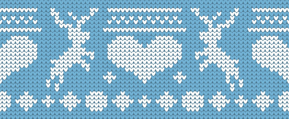 Merry Christmas and Happy New Year knitted sweater ornament with deer, hearts and ornament on a blue background. vector