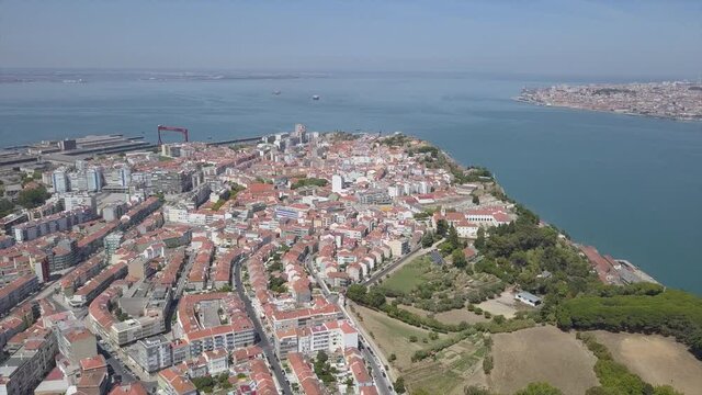 summer day lisbon city christ the king monument square aerial panorama 4k portugal