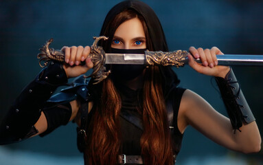 close-up portrait fantasy woman warrior assassin holding dagger in hands, hiding face behind mask....