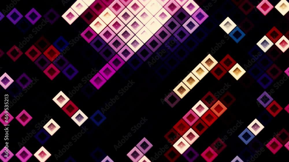 Poster abstract multicolored mosaic flashing loopable background. motion. randomly moving small silhouettes
