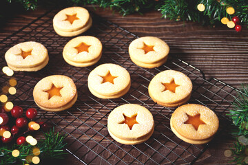 Traditional Austrian Christmas cookies Linzer biscuits filled with apricot jam
