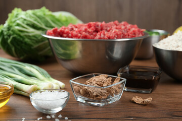 Composition with ingredients for gyoza on wooden table