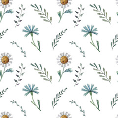 Watercolor seamless pattern with decorative heart flowers and heart plants. Light and airy with the mood of summer. For background, wrapping paper, scrapbooking, wallpaper and textile design. 