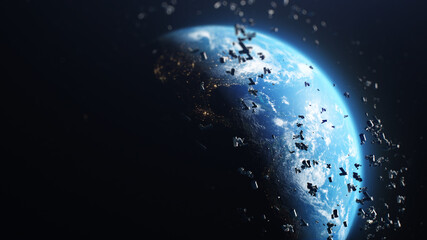 3D Render of space debris around planet Earth