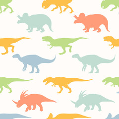 Childish seamless pattern with dinosaur silhouettes. Backgrounds and wallpapers for invitations, cards, fabrics, packaging, textiles, posters. Vector illustration.
