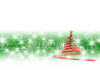 リボンのクリスマスツリー　メタリックレッド　緑と白の背景