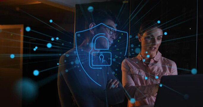 Animation of padlock ver diverse male and female it engineers with laptop by computer server