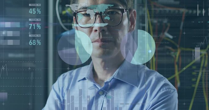 Animation of data over portrait of asian male it engineer by computer servers