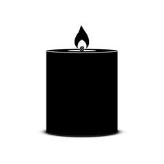 Silhouette of a wide burning wax candle in black on a white background.