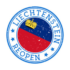 Liechtenstein Reopening Stamp. Round badge of country with flag of Liechtenstein. Reopening after lock-down sign. Vector illustration.
