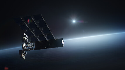 3D Render of modern satellite flying in cosmos