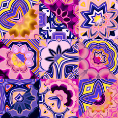 Seamless background of multicolored triangles with patterns in patchwork style.