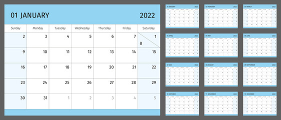 Horizontal calendar for 2022 year, 1 month on each page. Simple calendar grid isolated on a white background, Sunday to Monday, business template. Monthly calendar ready for print. Vector illustration