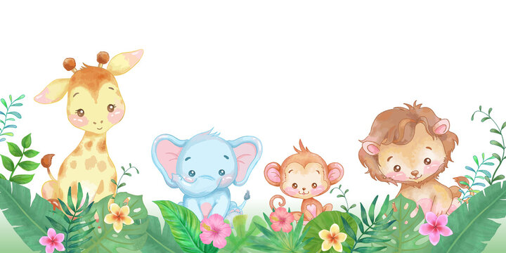 Cute animals in a Jungle with vector design. Watercolor illustration.