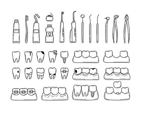 Set in doodle style of dental tools and teeth problems. Caries, cracks, tartar, braces. Sketch equipment for oral care and treatment. Isolated on white vector illustration