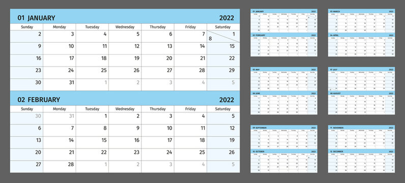 Horizontal calendar for 2022 years, 2 months on 1 page. Simple calendar grid isolated on a white background, Sunday to Monday, business template, ready for print. Vector illustration.