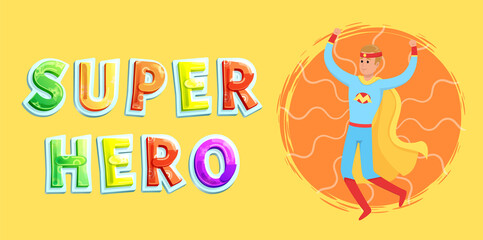Strong super man smiles and flies to save world stretched out his hand. Brave character in superhero costume with cloak on white background. Cartoon person hurries to protects people from villains
