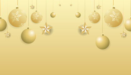 Gold  Christmas balls with star and Golden ribbons on gold  background in Christmas holiday ,Vector illustration EPS 10