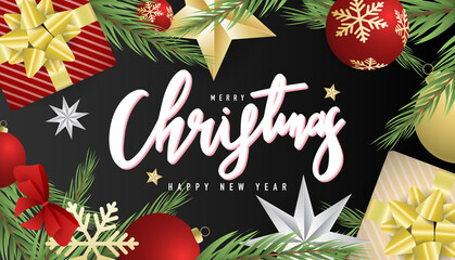 Frame Merry Christmas  and Happy New Year background with gift  pin leaf  and element in Christmas holiday , Flat Modern design , illustration Vector EPS 10