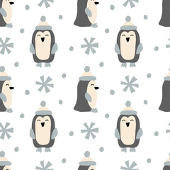 Christmas Penguin and snowflakes vector seamless scandinavian pattern. Cute kids winter background. For children fabric textile, cloth, backdrop, wallpaper. Printable format