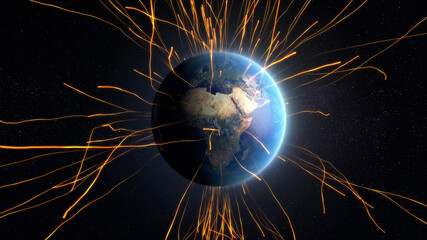 3D Render of radio signals around Earth globe