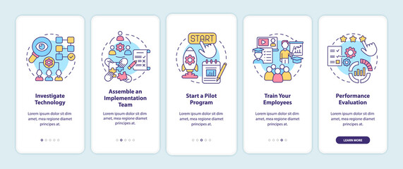 Technology implementation steps onboarding mobile app page screen. Pilot program walkthrough 5 steps graphic instructions with concepts. UI, UX, GUI vector template with linear color illustrations