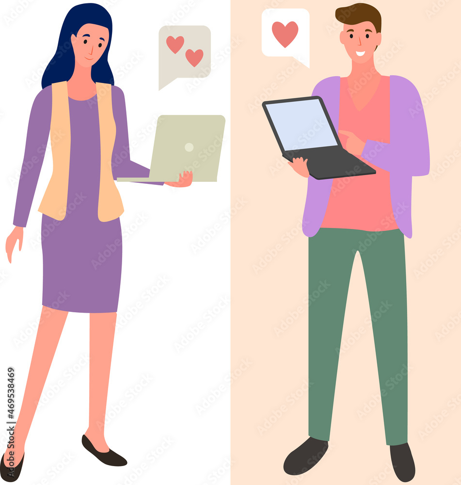 Poster chatting, communication and sending messages via internet. people in relationship using laptops, com