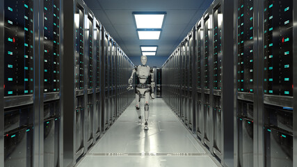 3D Render of robot walking in data center