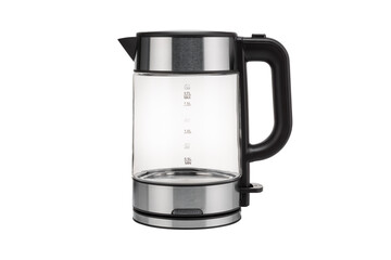 Glass, electric, modern transparent kettle on a white background. Close-up.