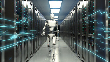 3D Render of robot walking in data center - obrazy, fototapety, plakaty