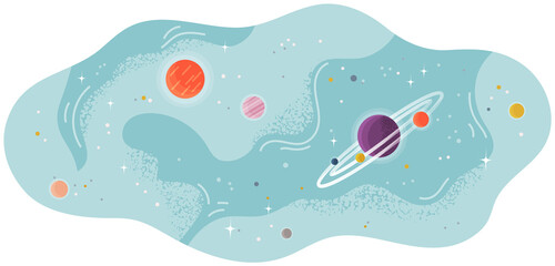 Solar system of planets with large and small celestial bodies flying in space. Colored spheres and meteorits in blue sky. Flat fantastic vector illustration with planets and stars cartoon cosmic scene © robu_s