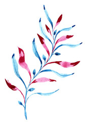 Postcard with branches, flowers and blue leaves.