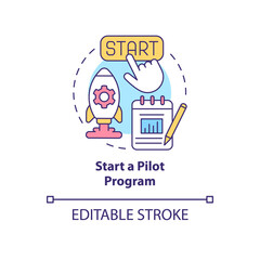Start a pilot program concept icon. Test new technology. Launch short time project. Small scale experiment abstract idea thin line illustration. Vector isolated outline color drawing. Editable stroke