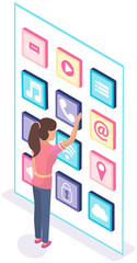 Development of applications, mobile program concept. Woman works with software development, apps for electonic devices. Location of application icons in smartphone interface template, customization