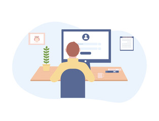 Working from home . A men working from home. Modern vector illustration concept of the home office. Freelancer.