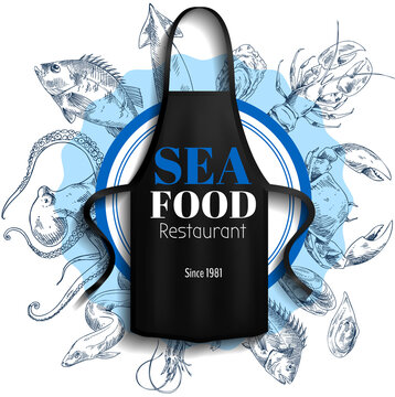 Protective garment for cooking. Safety clothing for restaurant cookery. Apparel for cooking seafood. Black apron with sea food restaurant logo image. Apron for protection of clothes in kitchen