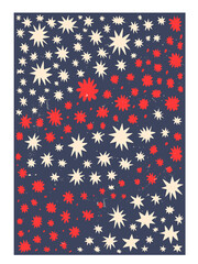 vector interior winter groovy poster.Funky psychedelic pattern with stars.Abstract boho postcard.Vintage stories with waves, stars, clouds.Collection hippie aesthetics of the 60s and 70s.Stars night